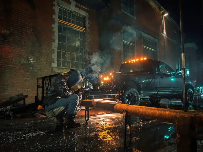 Welder crouched at night repairing a steel railing beside a brick warehouse, pickup with amber work lights behind